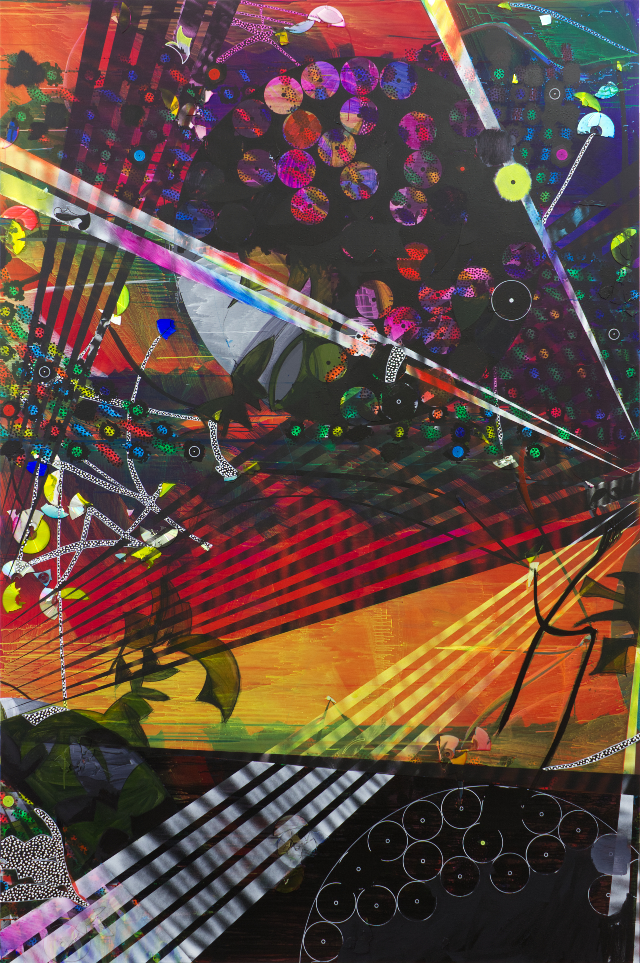 CHAOS NOVA SUNSET, Acrylic, vinyl, pigment marker, pressed charcoal and CDs on canvas, 300 x 200 x 1.8 cm