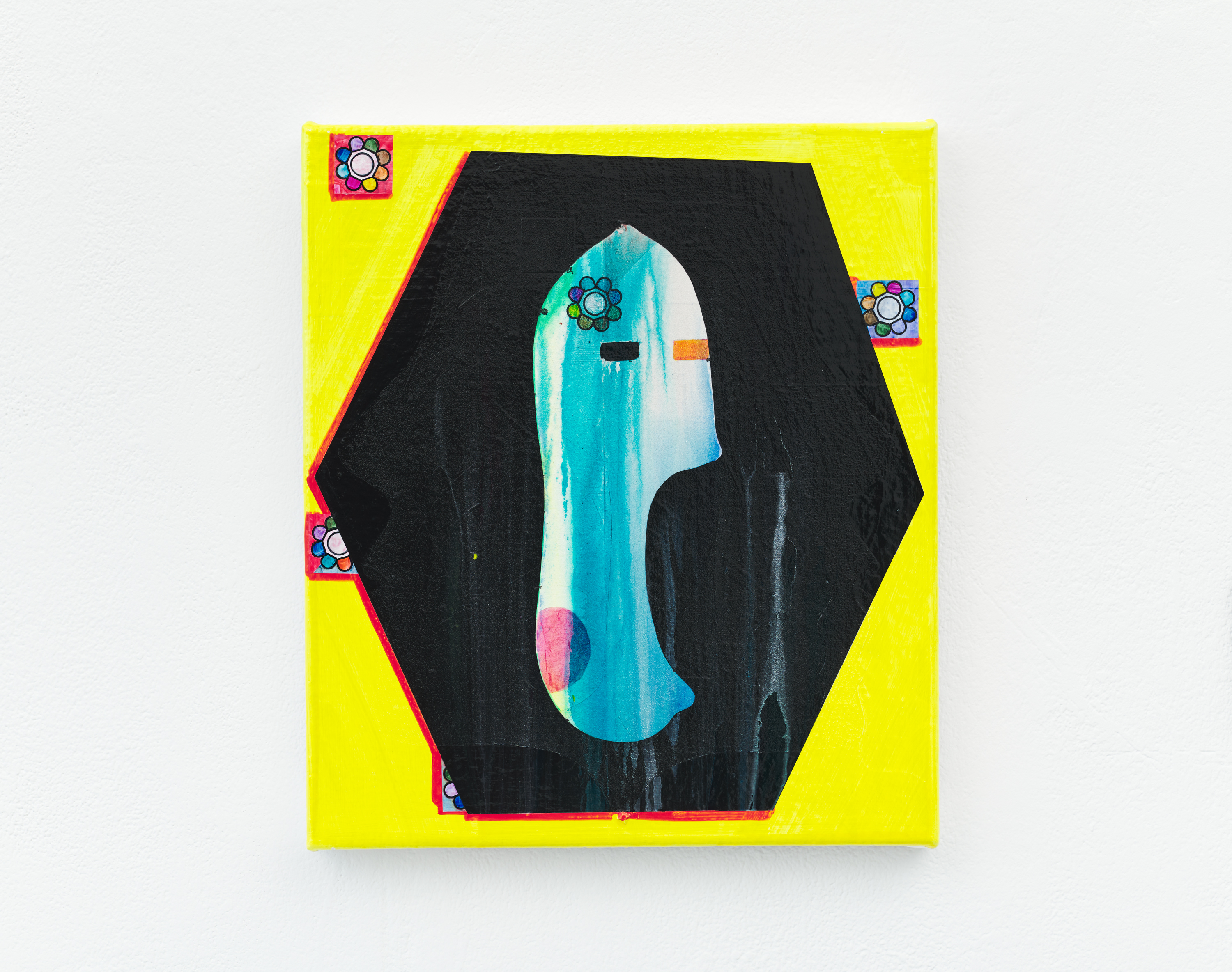dancer, thief, deceptor, Acrylic, vinyl, pigment marker, plastic bead and photos on jute, 55 x 48 x 4 cm. Photo: Kai Werner Schmidt