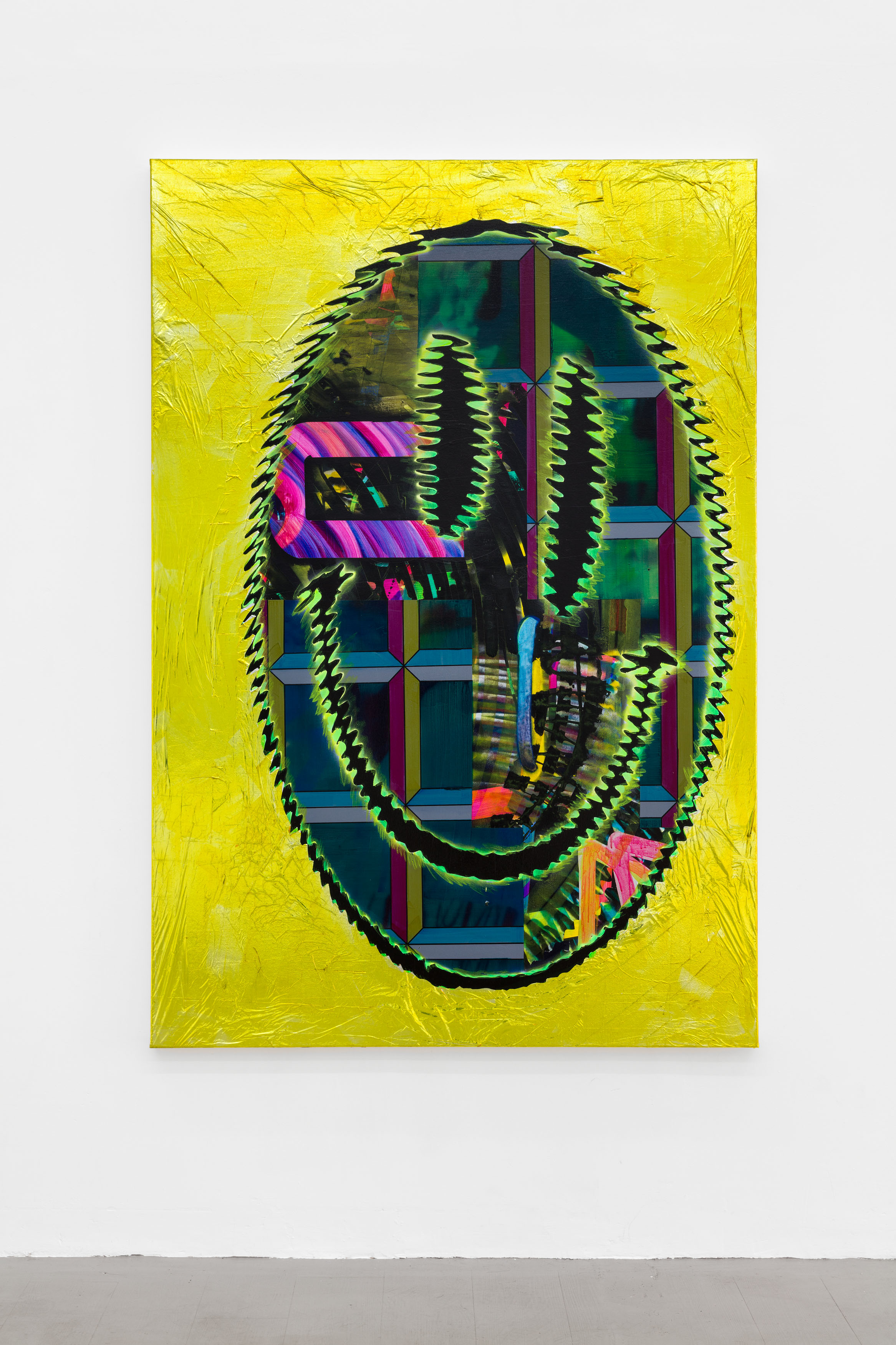 Goldener Raver, Acrylic, foil and pigment marker on linen, 190 x 130 x 4 cm. Photo: Johannes Bendzulla