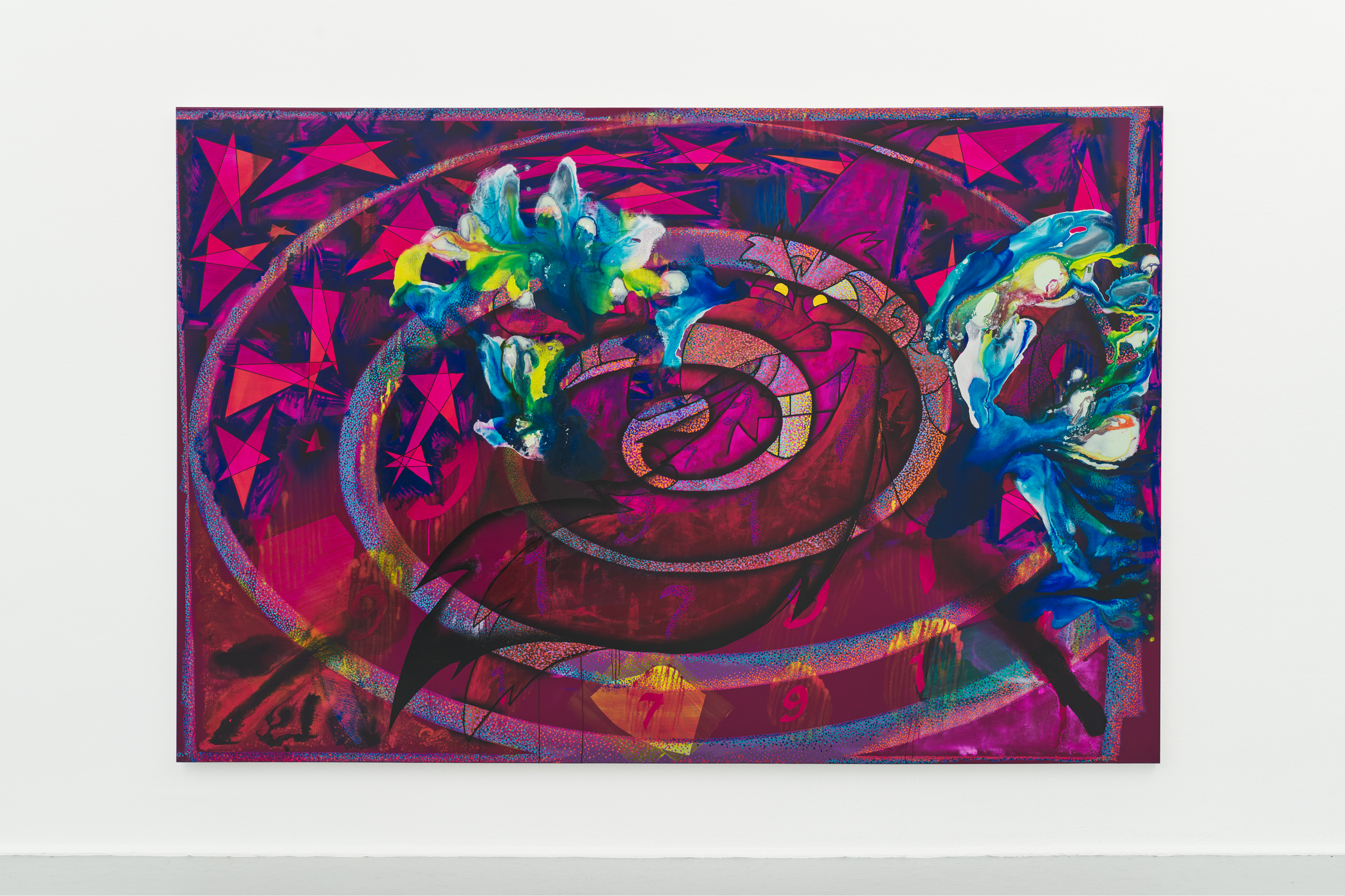 coiling, Acrylic, pigment marker and foil on canvas, 200 x 300 x 4 cm. Photo: Kai Werner Schmidt