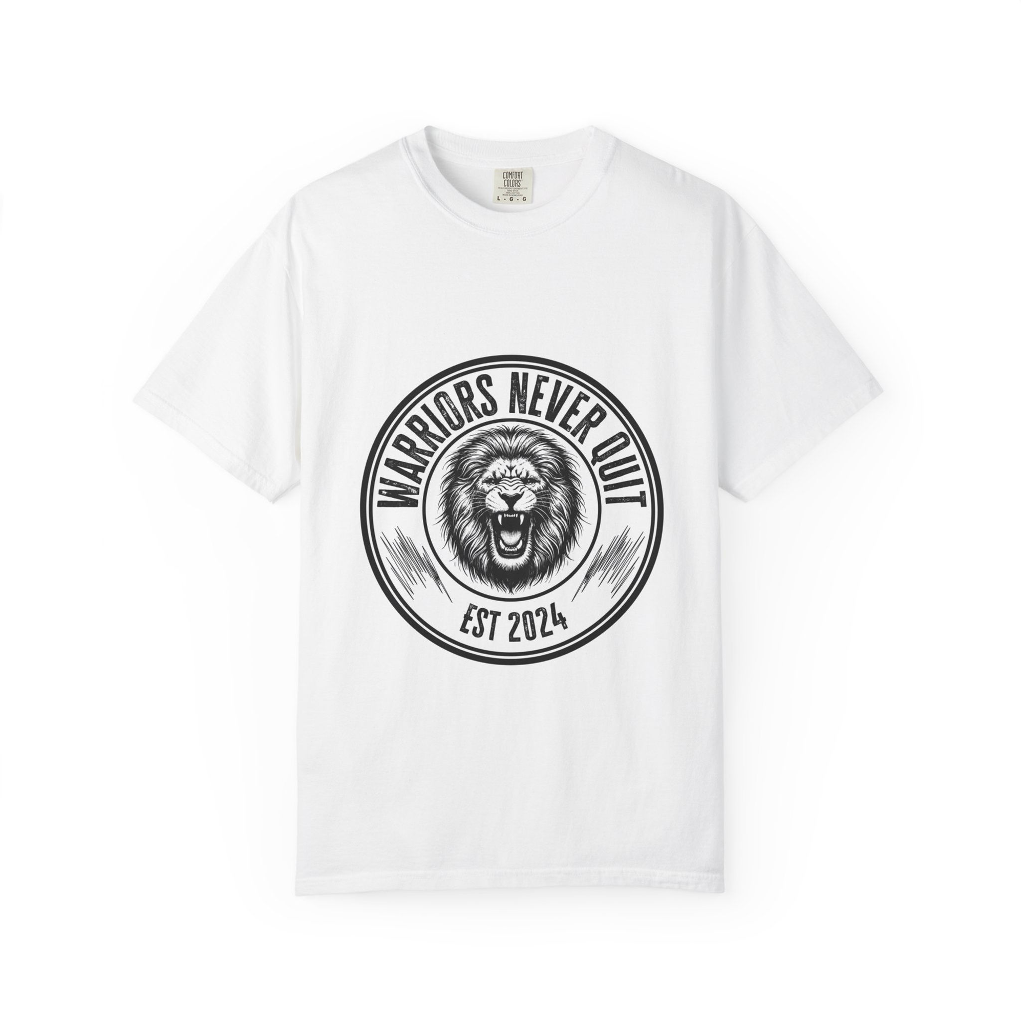 Warriors Never Quit lion emblem T-shirt | EST 2024, Athletic Motivational Tee