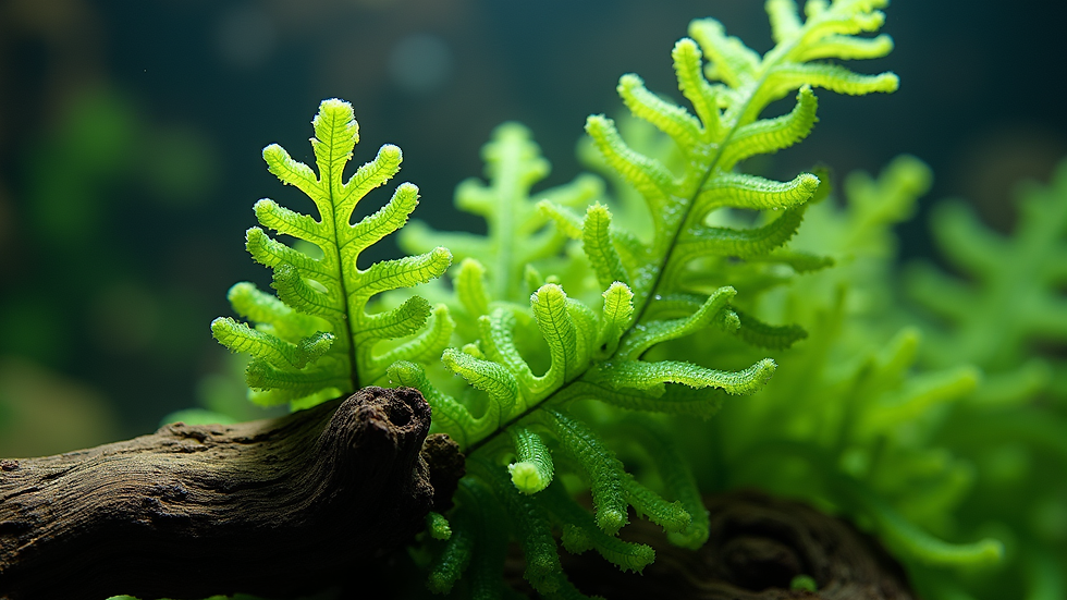 Close-up view of green Java Fern attached to driftwood in aquarium