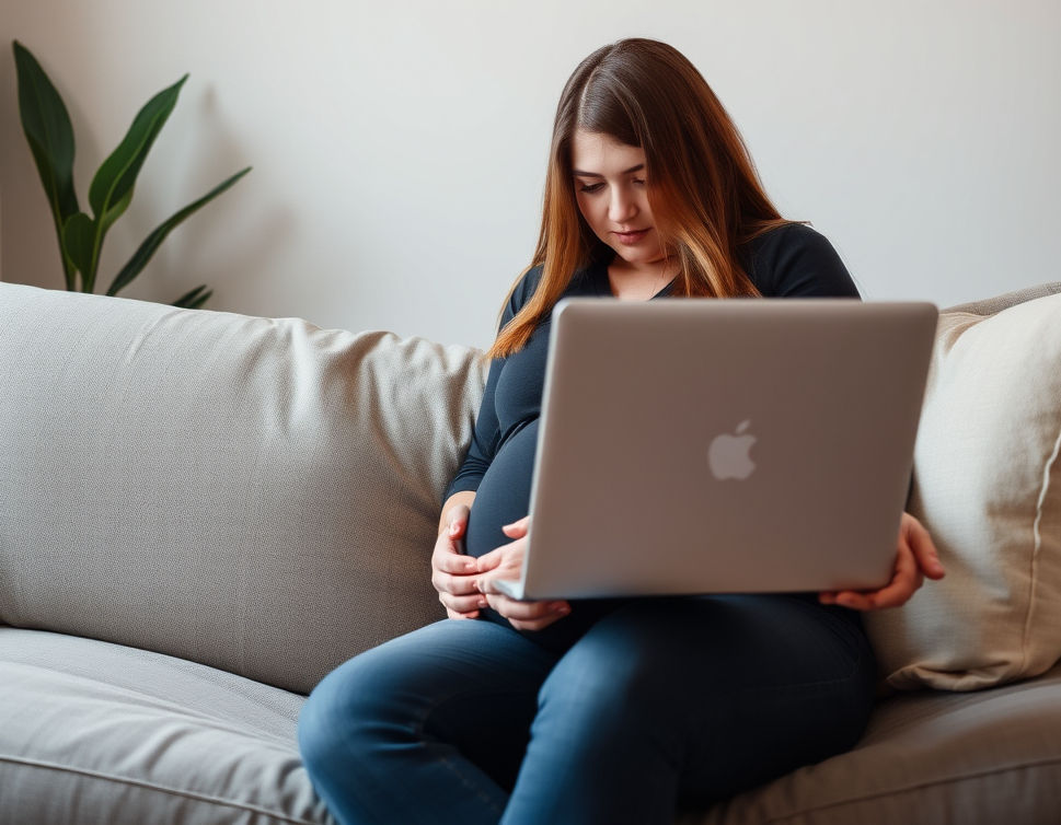 Mulher gestante sentada no sofá, usando um laptop para solicitar o salário-maternidade.
