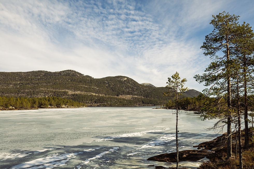 Uitzicht op het water bij Lakehouse Cedar en Lakehouse Moss in Vrådal Noorwegen in de winter met besneeuwde bergen en bevroren meer