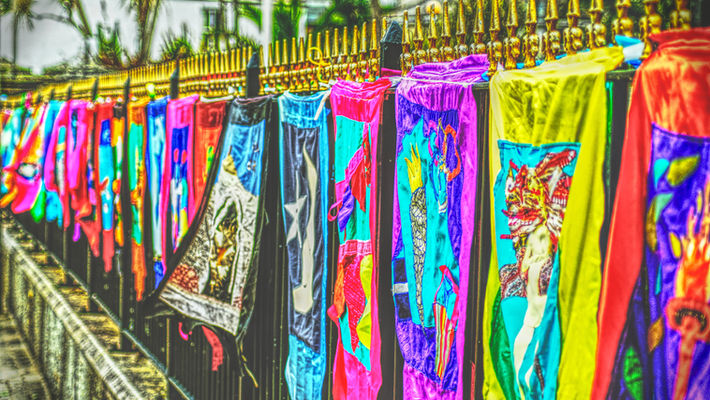 Golowan Banners on display at St. John's Hall, Penzance