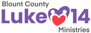 Blount County Luke 14 Ministries official logo. Luke 14 is in a bolder dark purple and larger font in a horizontally across the middle. In between Luke and 14 is a heart in two pieces. The bottom half of the heart is a red heart shape that meets the top half of the dark purple heart shaped like two digital friends holding hands that surround the bottom red heart. Blount County is in smaller grey font about Luke 14 and Ministries below.