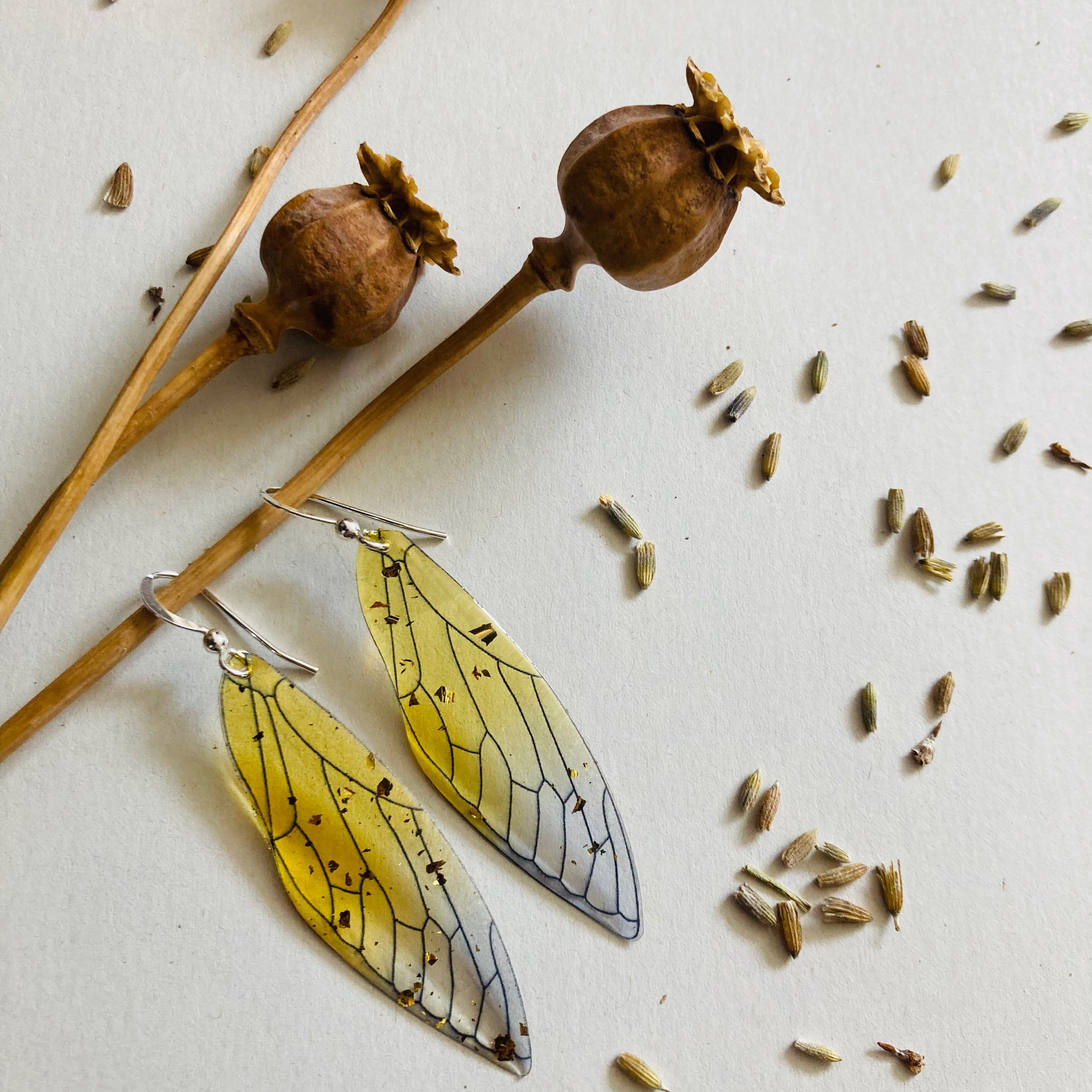 Yellow Fairy Wing Earrings with Gold Leaf