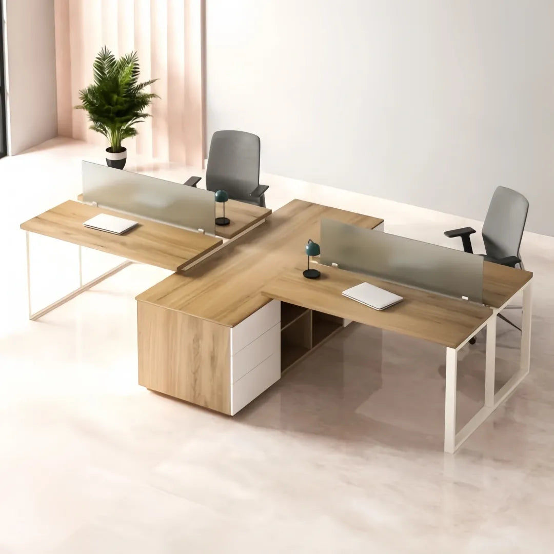 Modern Linear 4-Seater Office Workstation with Privacy Partition & Storage Cabin