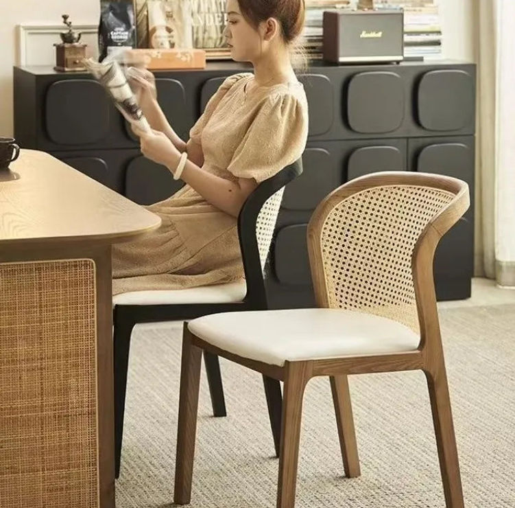 Thumbnail: Solid Wood Side Chair with Ash Wood Frame and Rattan Backrest Dining Chair