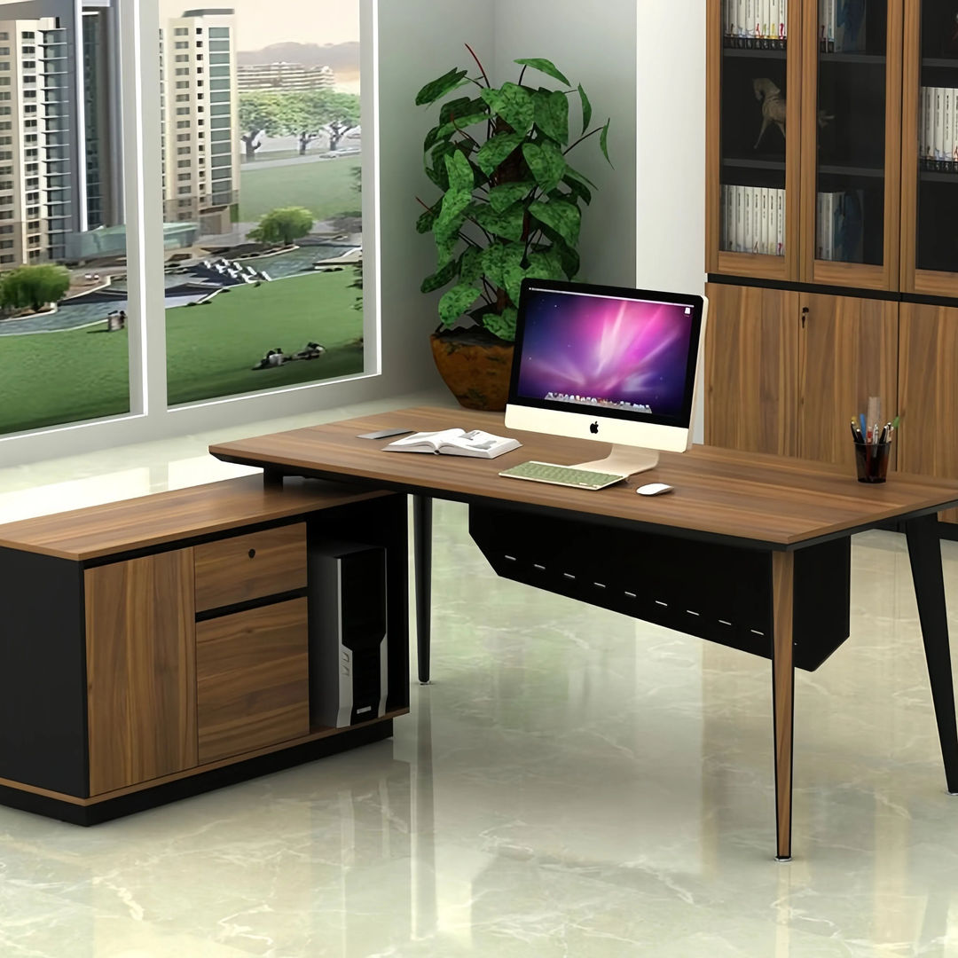 Modern L-Shaped Executive Desk – Walnut & Black Finish, Customizable for CEO & H