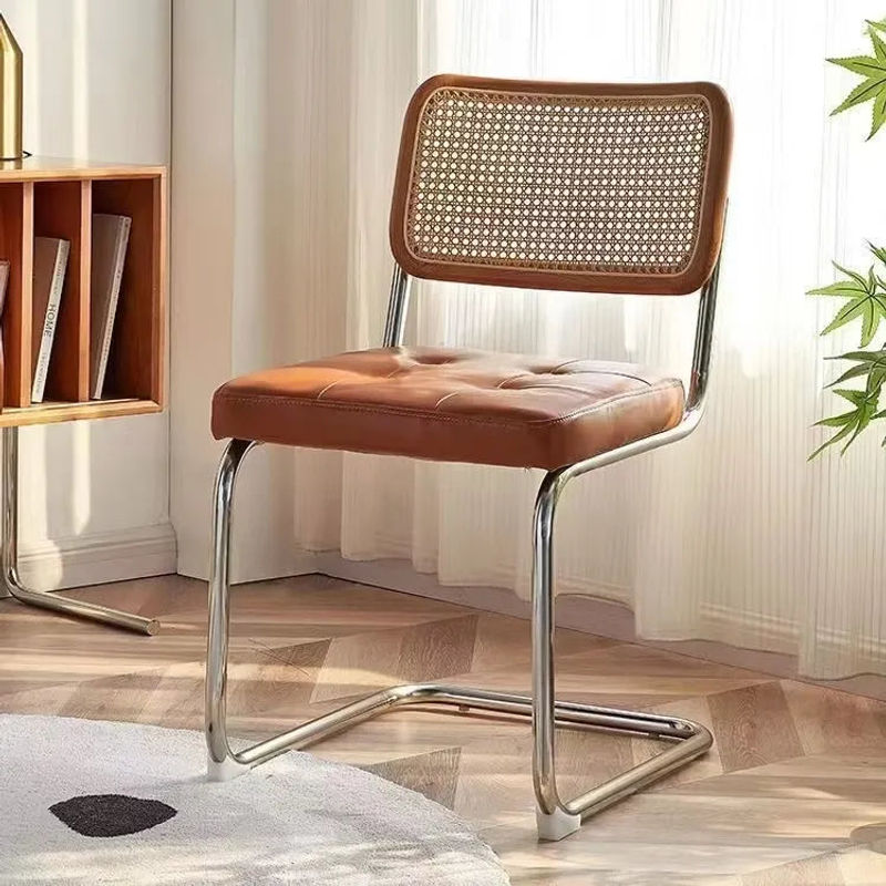 Thumbnail: Tufted PU Upholstered Vintage Woven Rattan Back Dining Side Chair