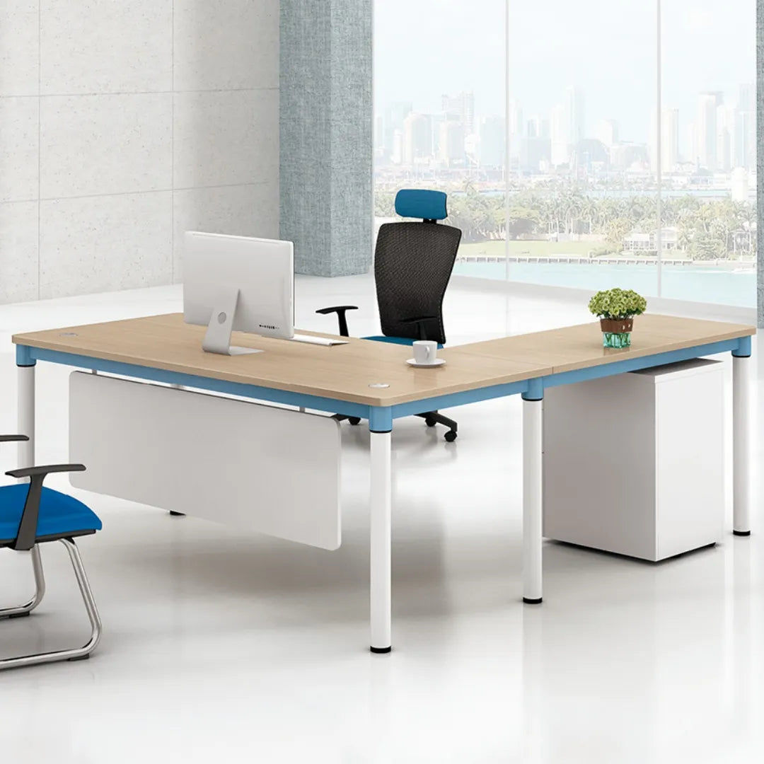 Luxurious L-Shaped Office Desk – CEO Executive Desk, White & Manchurian Ash, Sto