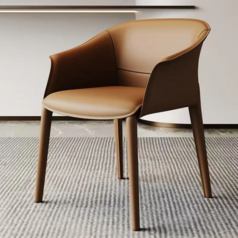 Thumbnail: Modern Light Grey Saddle Leather Chair with Armrest & Metal Legs for Dining