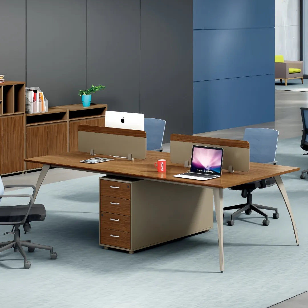 Modern 4‑Seater Dark Wood Cubicle Workstation Desk with Partitions & Storage