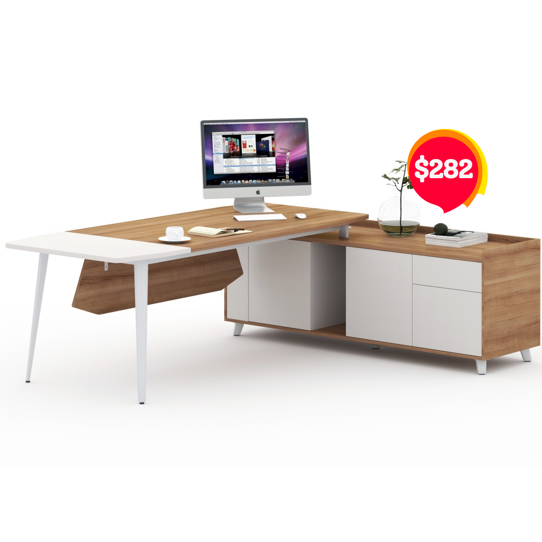 Modern L-Shaped Executive Desk with Metal Legs, Storage, Bookcase & Wire Managem