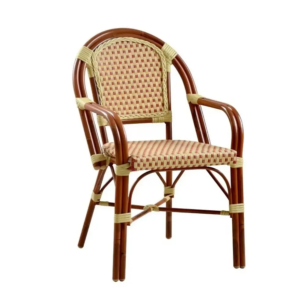 Thumbnail: Brush Stroke Painted Rattan Bistro Chairs with Armrest – Stackable Outdoor Frenc