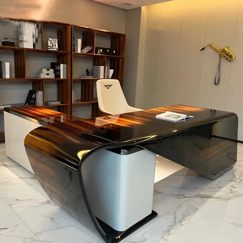 Thumbnail: Luxury Antique Italy & Russia Office Set – Beech Wooden L-Shaped Executive Desk,
