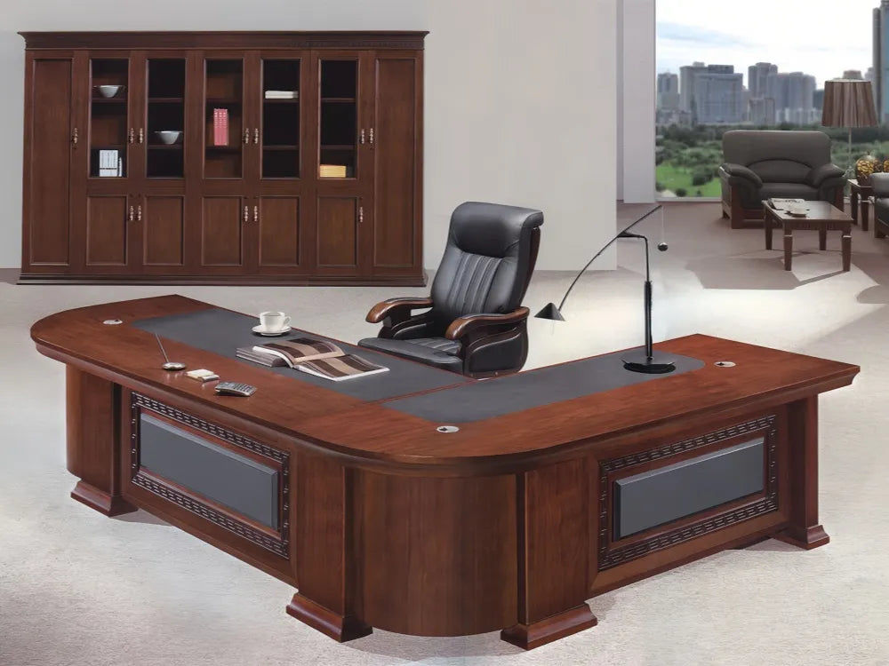 Mid-Century Executive Desk Set – Real Wood Veneer, Customizable with Pedestal &