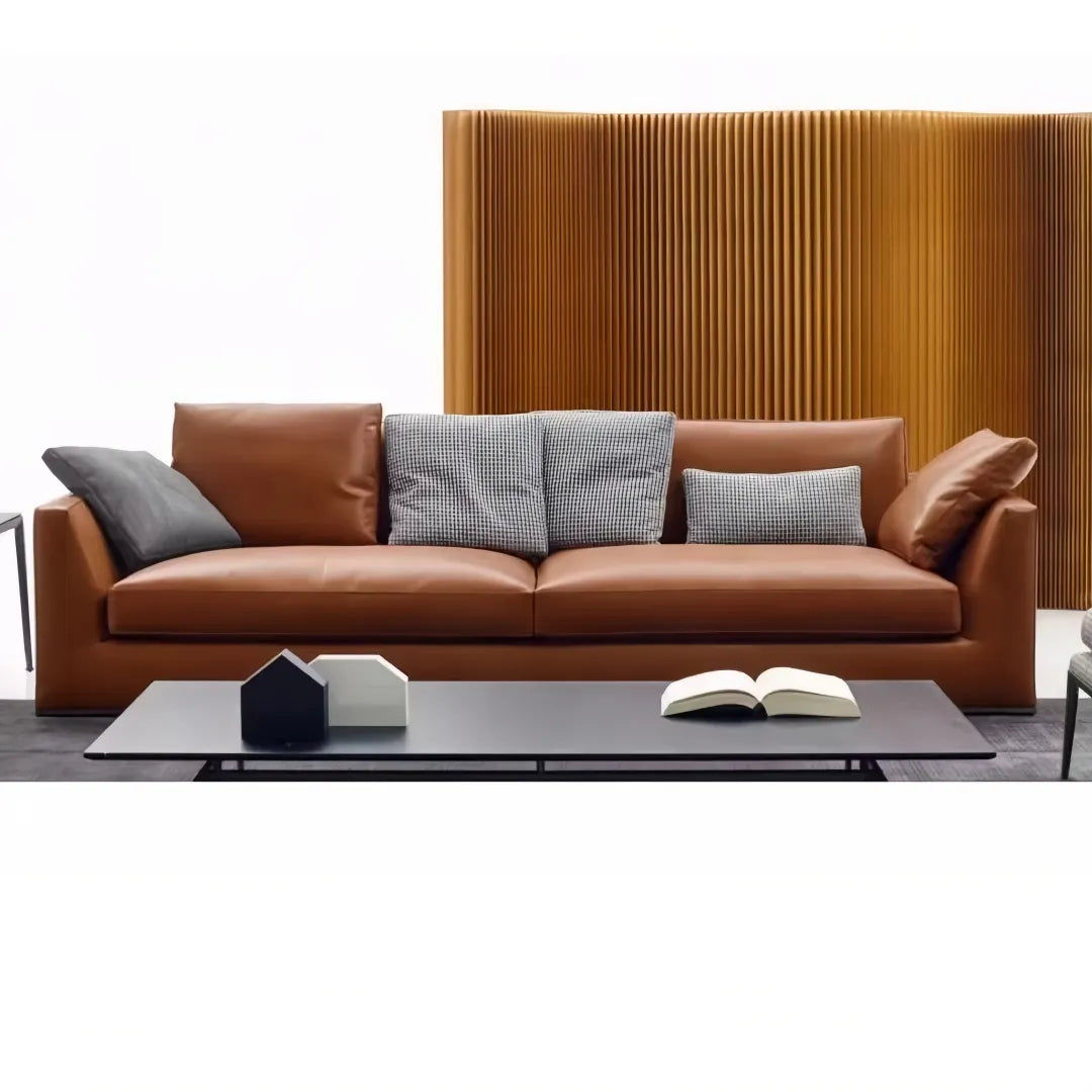 Luxury Italian Tanned Leather Office Sofa – Brown 3-Seater with Steel Legs