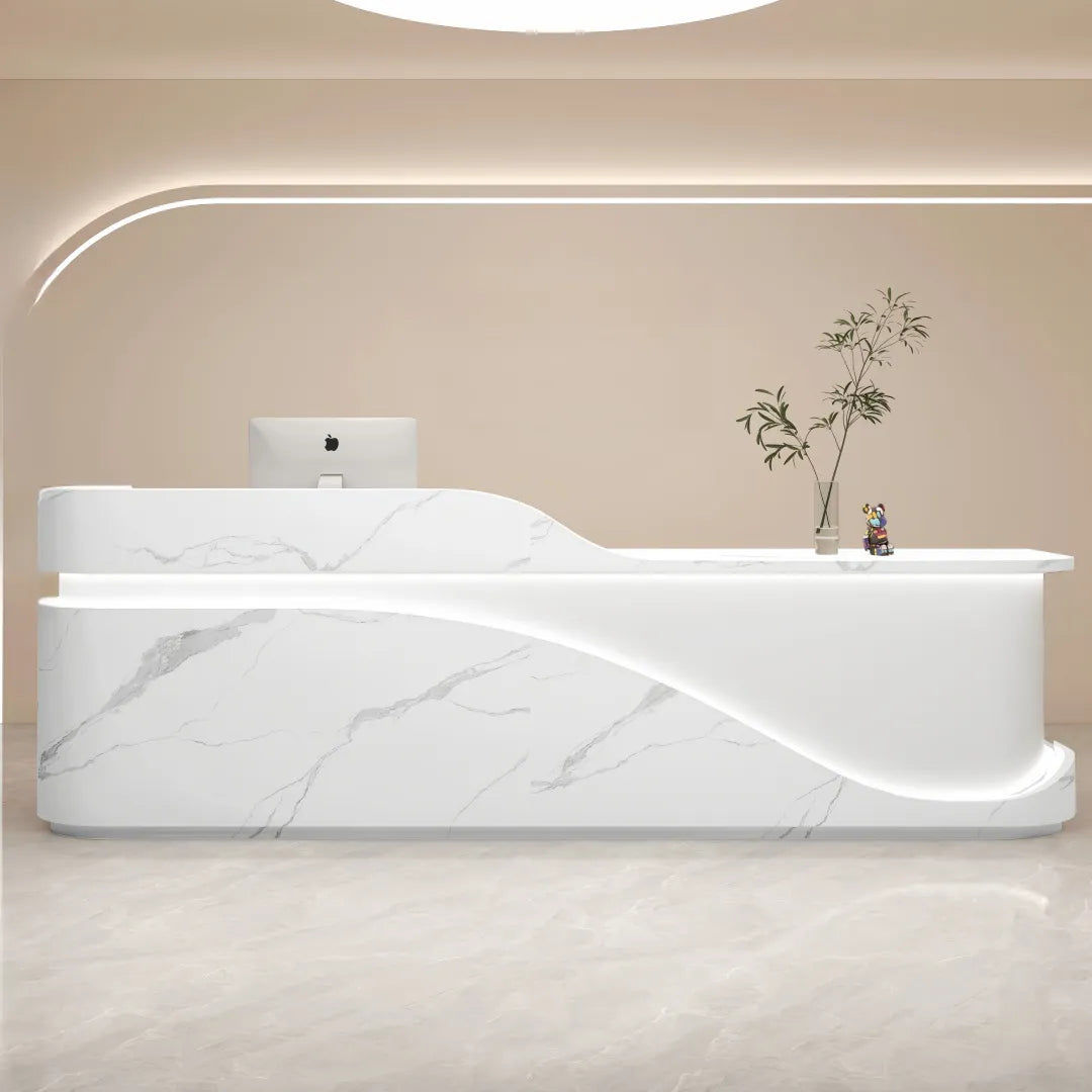 Curved Reception Desk – Small White Front Desk with Cabinet Storage
