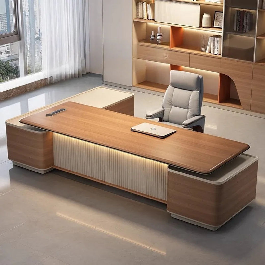 Luxury Grey Executive L-Shaped Desk – Modern CEO Office Desk with Storage