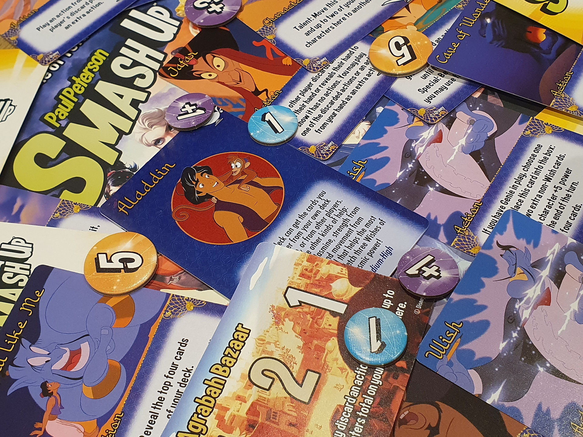 Aladdin cards and tokens from the game Smash Up: Disney  Edition