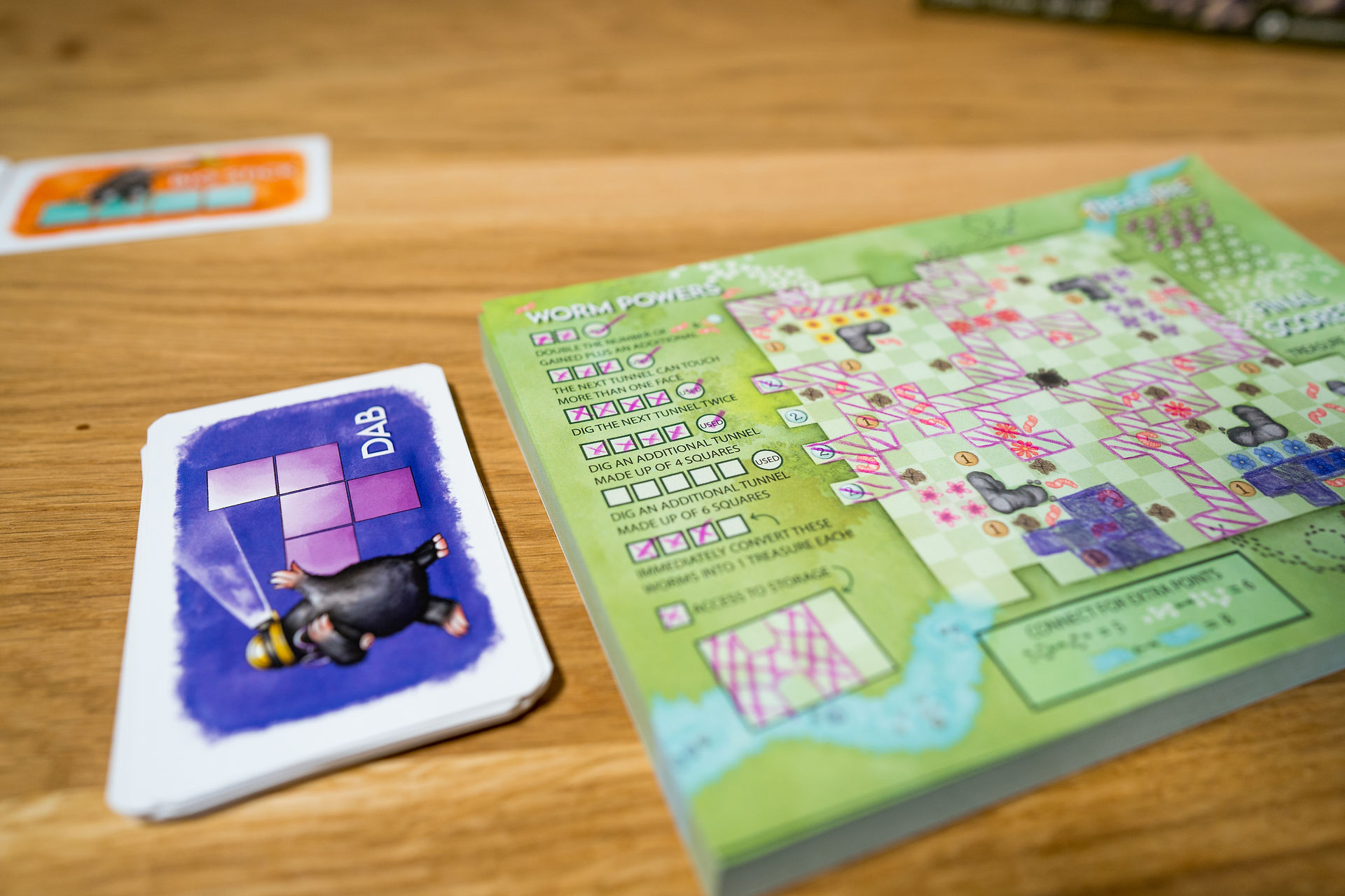 A drawn on gamepad from the game Molehill Meadows. To the left of the sheet is a series of goal tick boxes and to the right the tunnel map the player has built. Next to the pad is a card named DAB with a Tetris-like shape on it and a cartoon mole