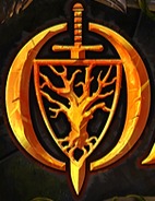 The golden O of the Oathsworn logo in the centre of it is a shield featuring a tree and behind the shield is a sword. 