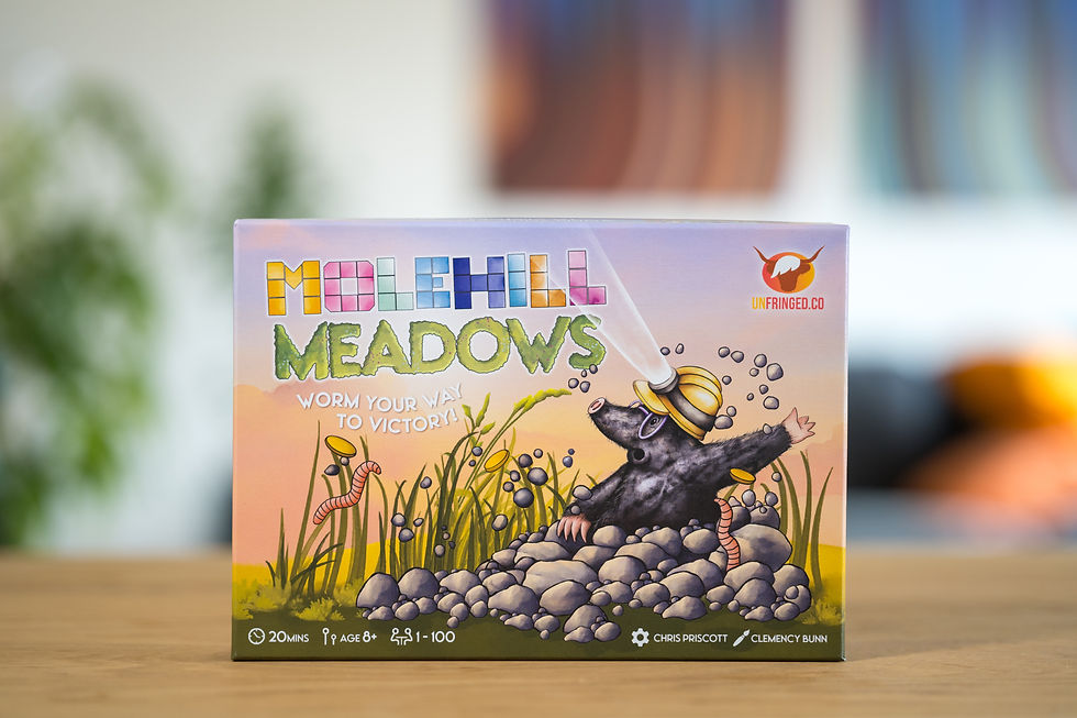 The Molehill Meadows game box. Tag line reads Worm Your Way To Victory. The box art whos a mole with a mining helmet who has dug his way above ground
