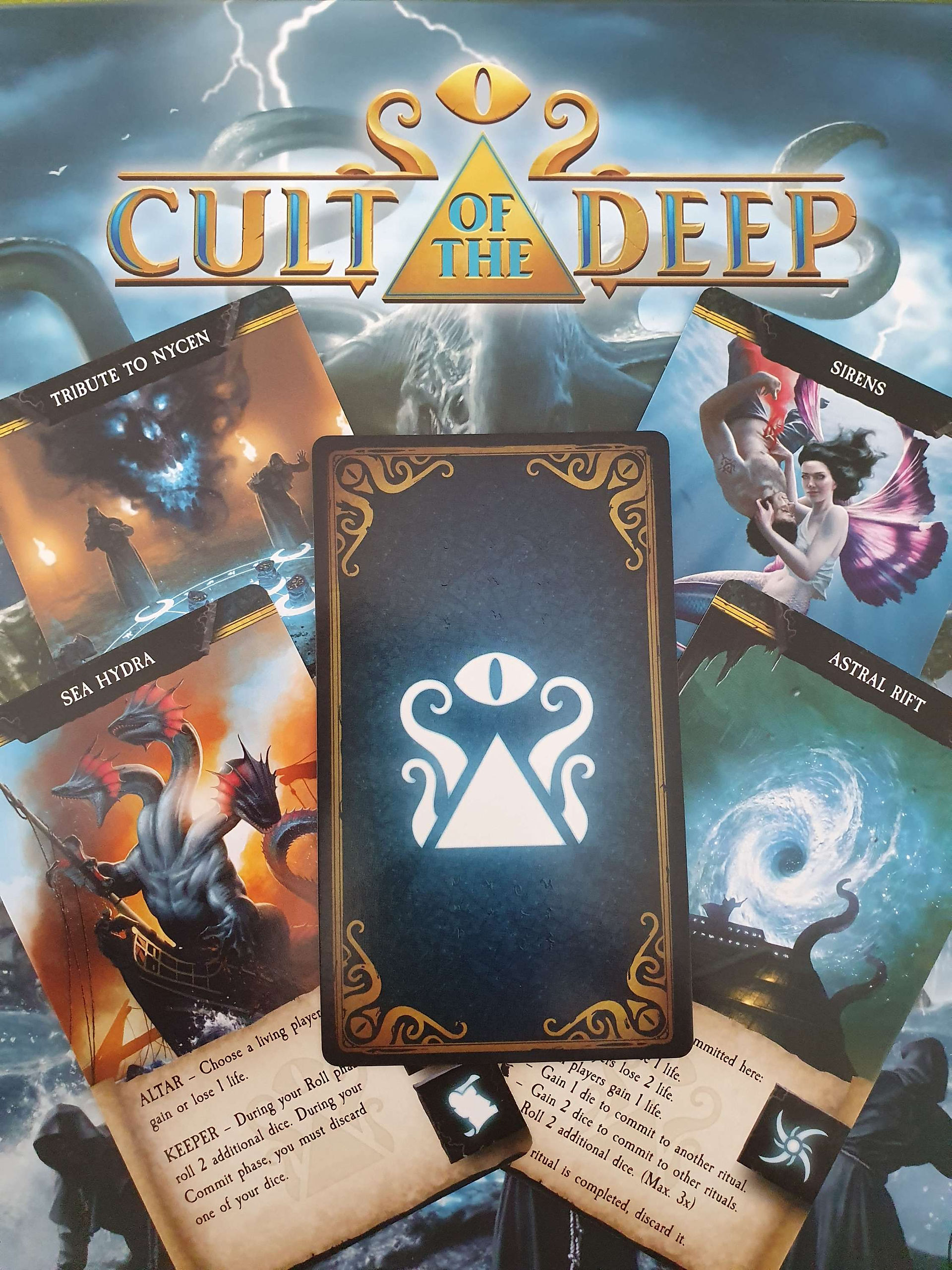 Ritual cards from the game Cult of the Deep including Sea Hydra and Astral Rift