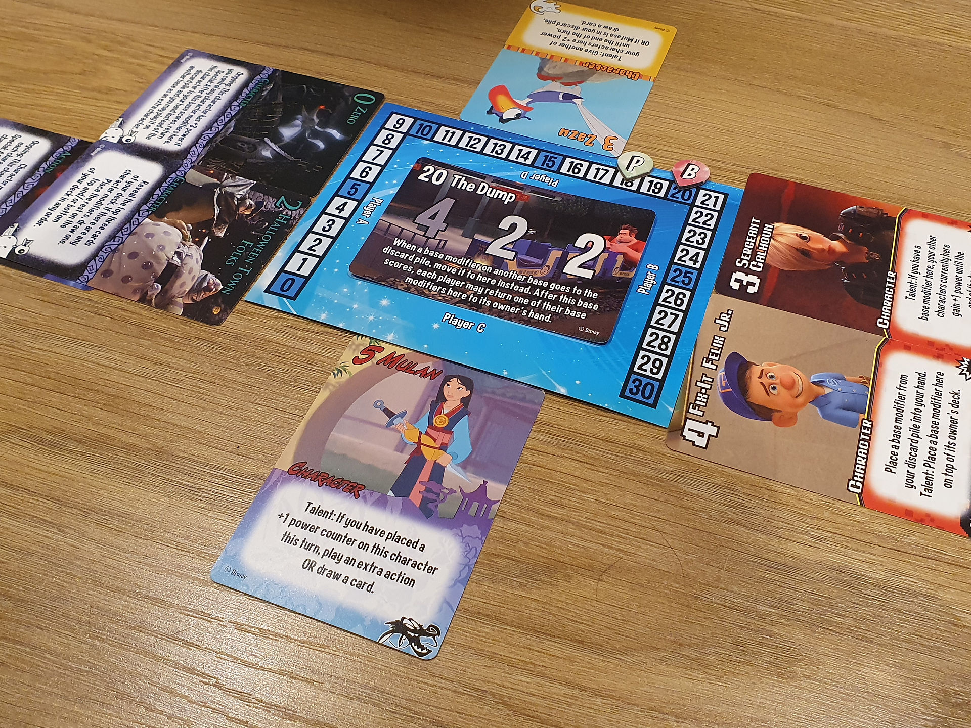The Dump location, which has a value of 20. Around the location players have placed down character cards.