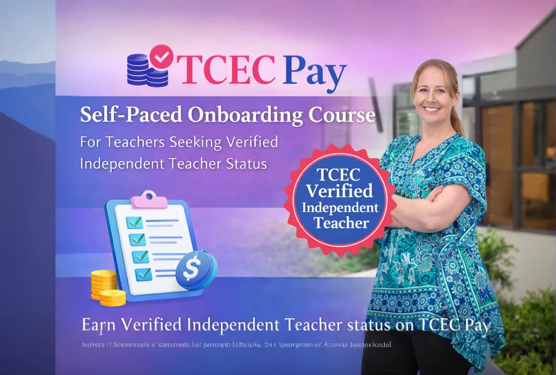 TCEC Pay self-paced onboarding course for teachers seeking TCEC Verified Independent Teacher status, including verification, payment access, and personal teacher page setup.