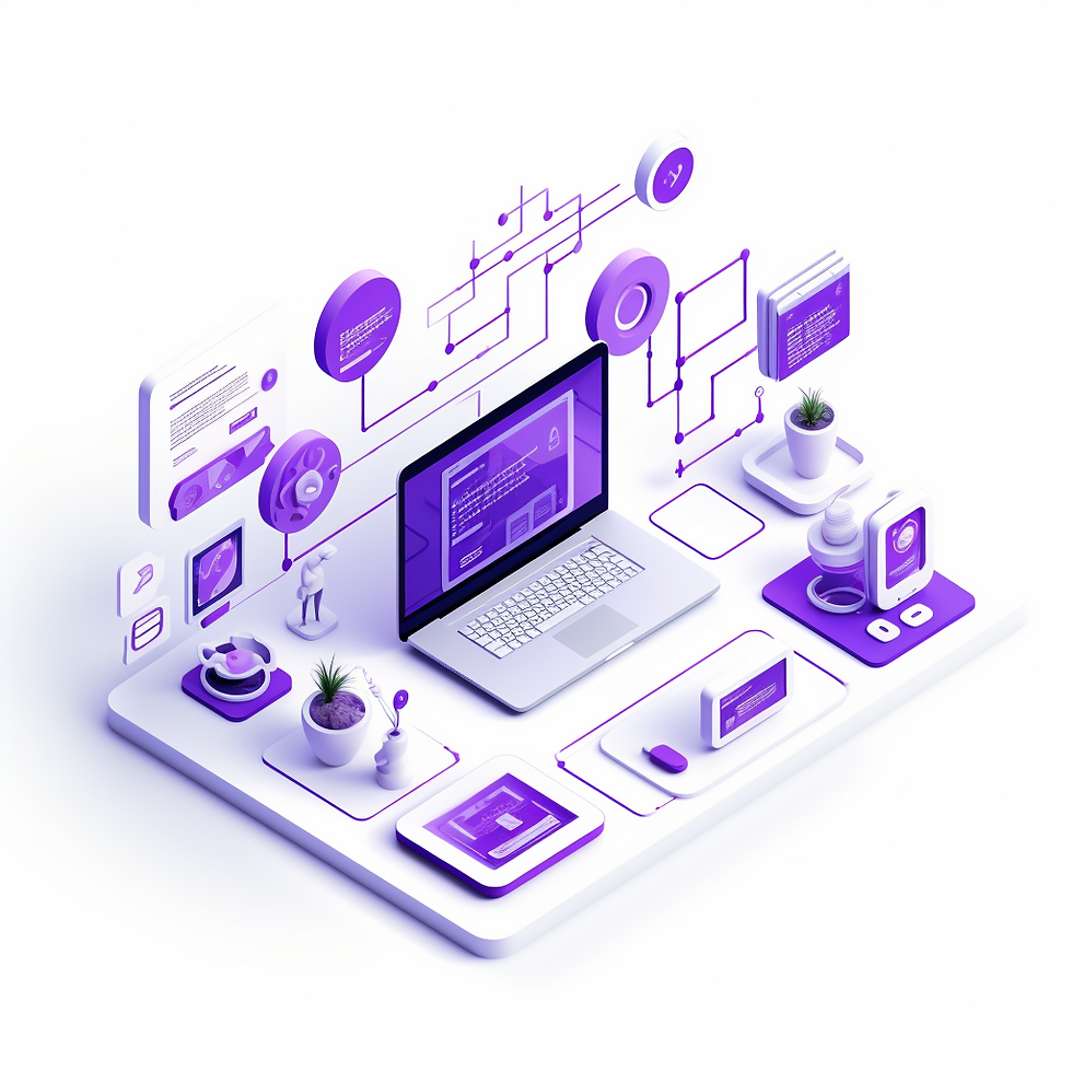 Une image isometric violette et blanche qui réprésente un ordinateur