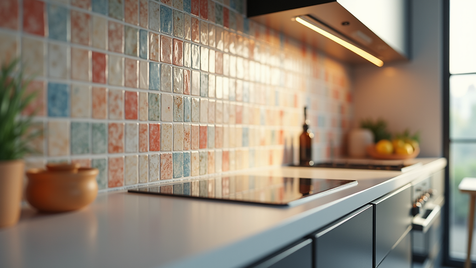 Close-up view of a modern kitchen backsplash with colorful tiles