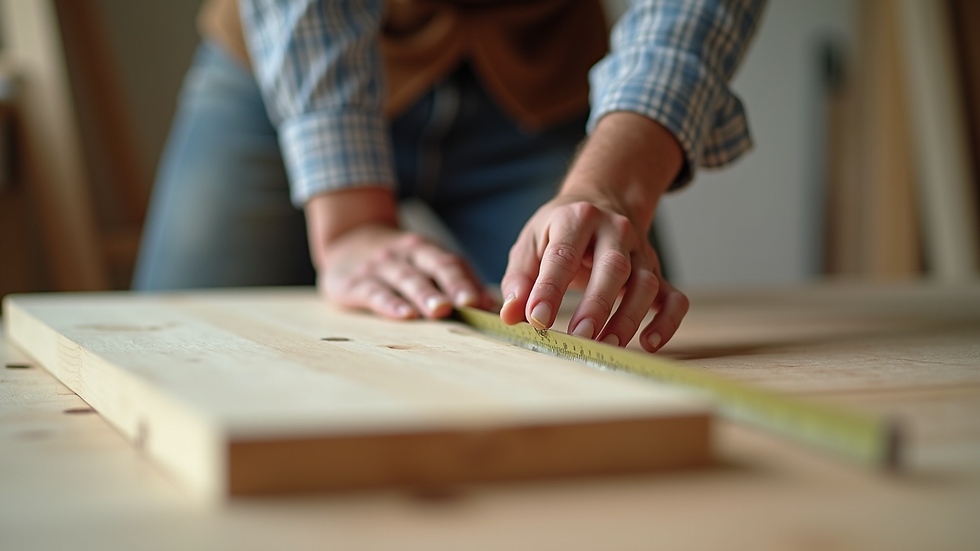 Close-up view of a handyman measuring a wooden plank for a home project