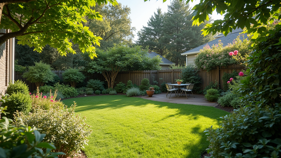 Wide angle view of a well-maintained backyard