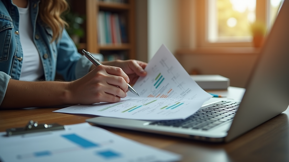Eye-level view of a homeowner reviewing plumbing bills and budget on a laptop