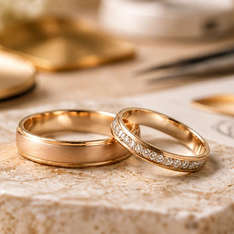 Zwei goldfarbene Trauringe, einer mit Diamanten besetzt, auf hellem Stein