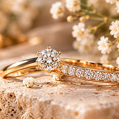 Goldfarbener Ring mit großem Mittelstein neben einem Ring mit kleinen Steinen