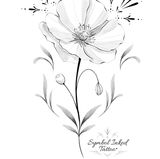 Tatouage en fineline qui représente un coquelicot, avec de l'ornemental. Un flash disponible au studio Symbol Inked Tattoo du Pouliguen (44).