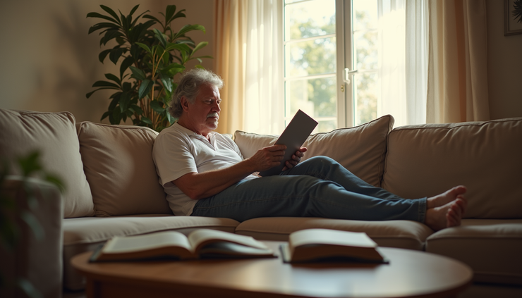 Eye-level view of a cozy living room with a parent reading quietly on a sofa