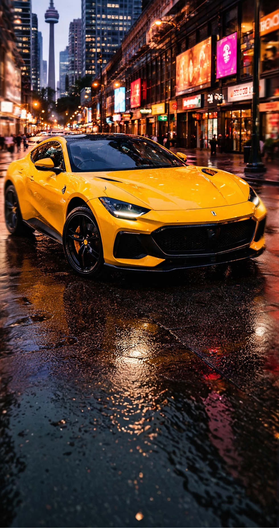 Yellow Lamborghini Urus on vibrant city street luxury SUV rental Toronto — PrestigeJetSet