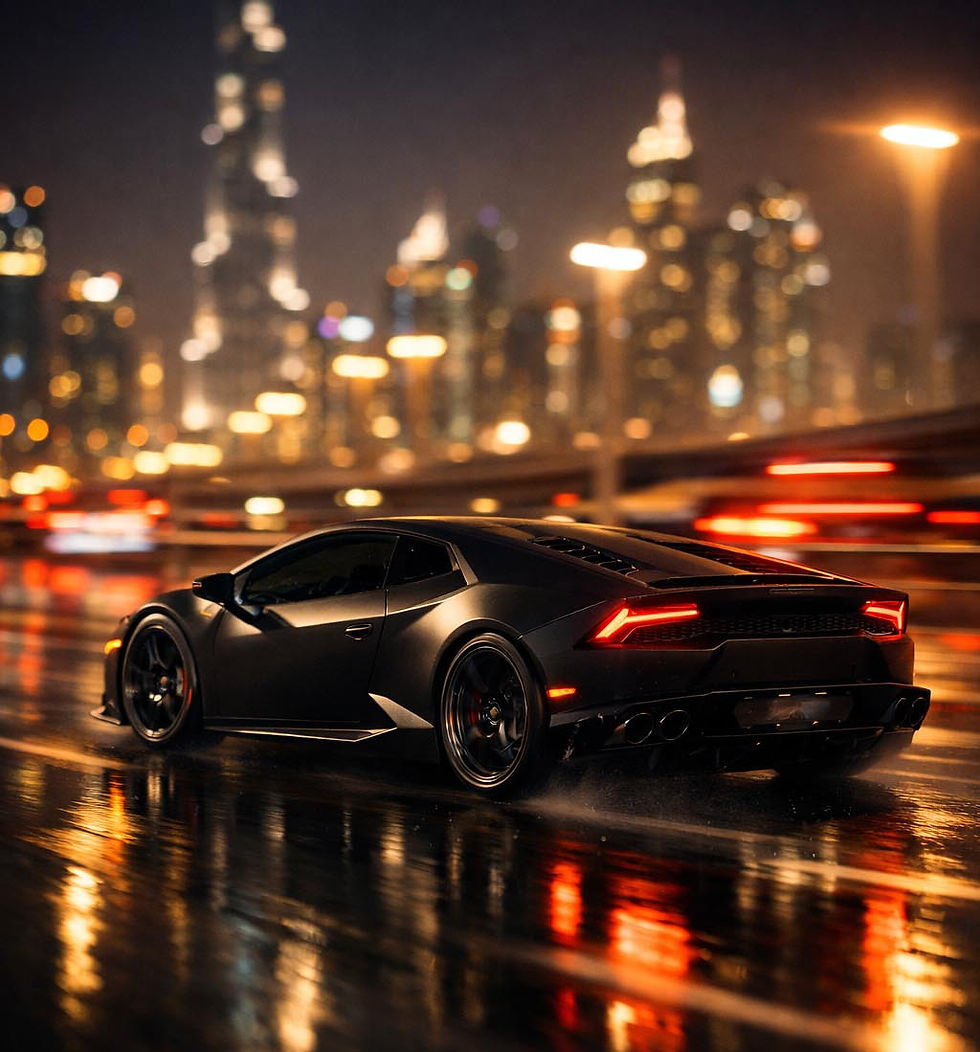 Lamborghini Huracan rental Dubai exotic supercar night city UAE PrestigeJetSet