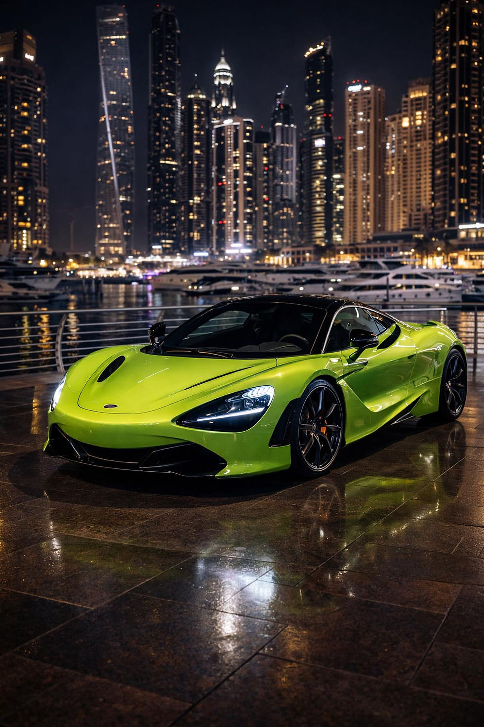 McLaren 720S 750S rental Dubai green supercar marina skyline UAE PrestigeJetSet