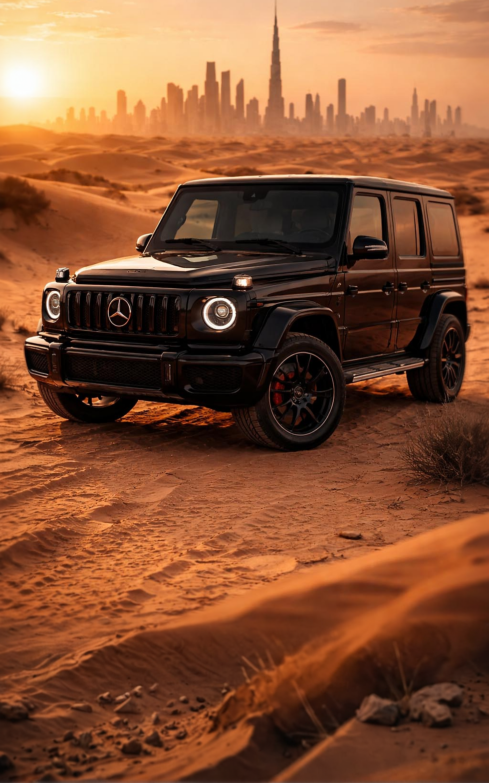 Mercedes-AMG G63 SUV driving through Dubai desert with skyline in warm sunset background