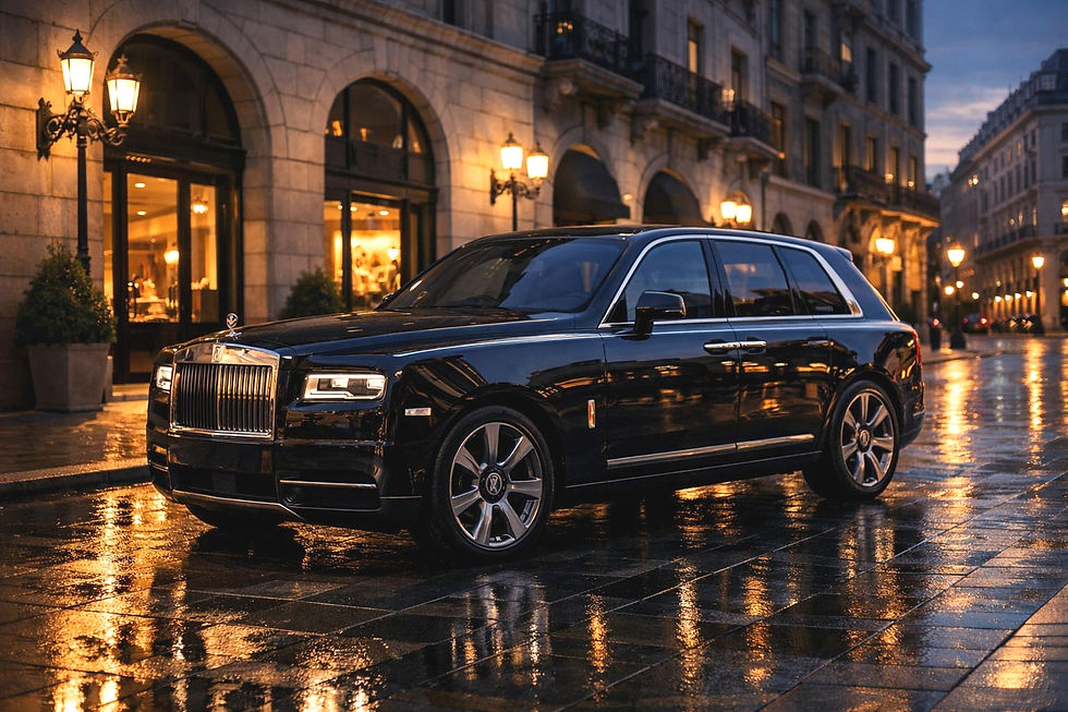 Rolls-Royce Cullinan luxury car rental in city setting, alternate angle with full vehicle visible and cinematic lighting
