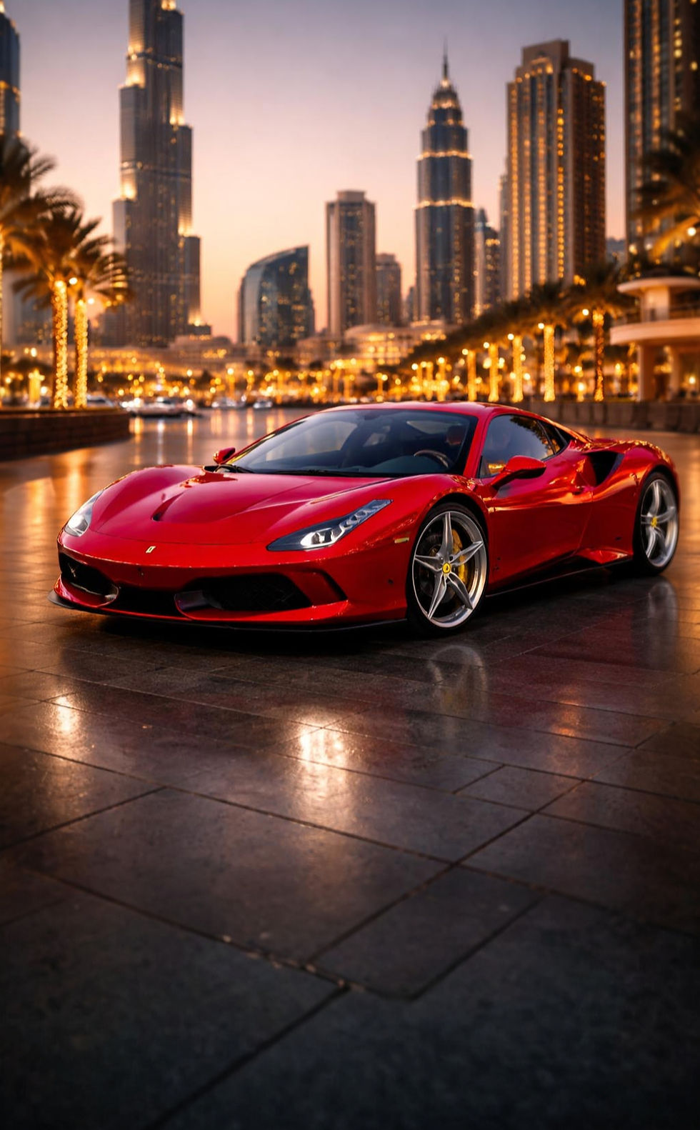 Exotic car rental Dubai with Ferrari in luxury downtown skyline – PrestigeJetSet