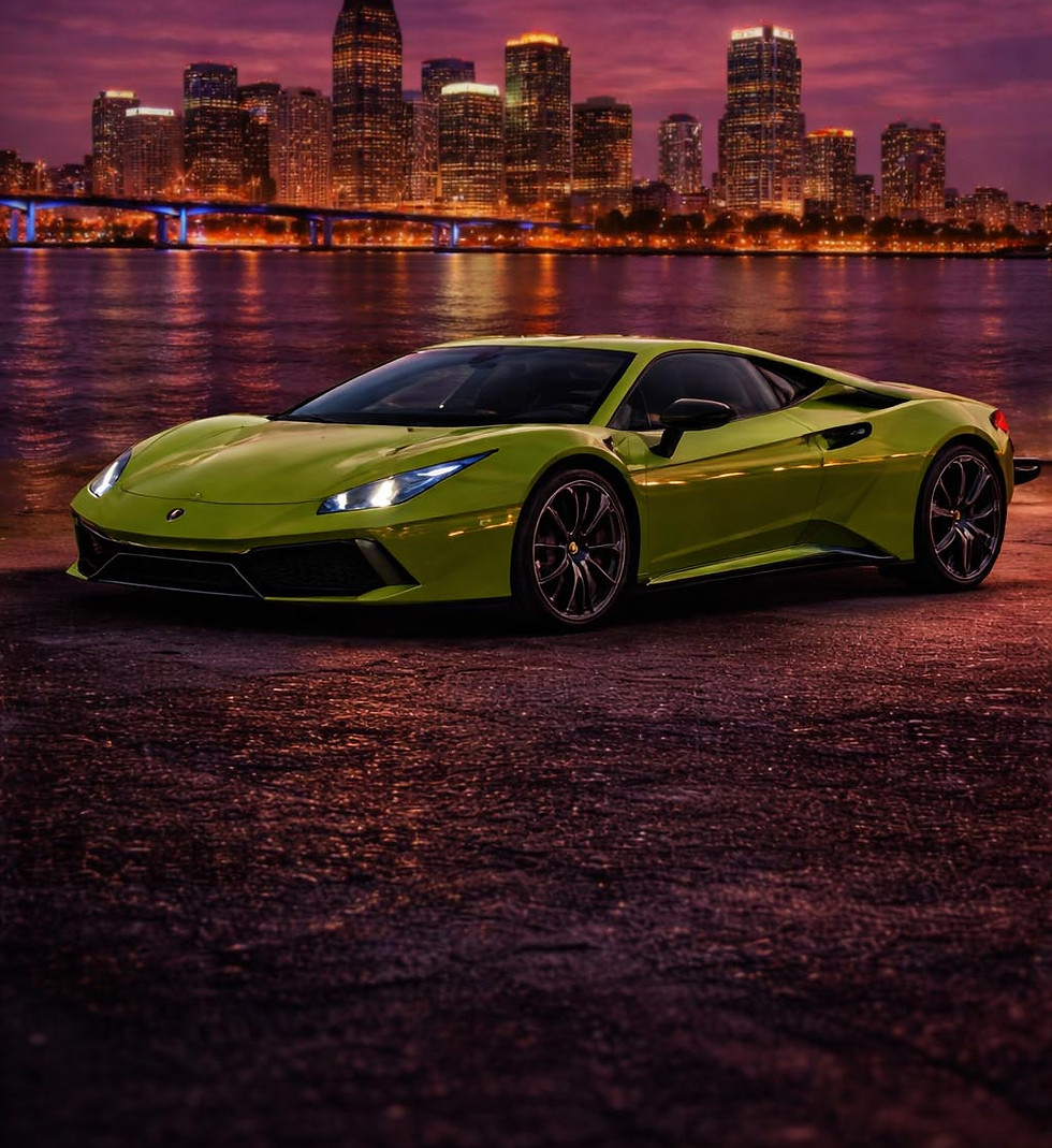 Lamborghini Huracán rental in Miami with skyline at sunset – PrestigeJetSet