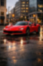Red Ferrari SF90 Stradale parked on wet urban street at night – hybrid supercar rental PrestigeJetSet