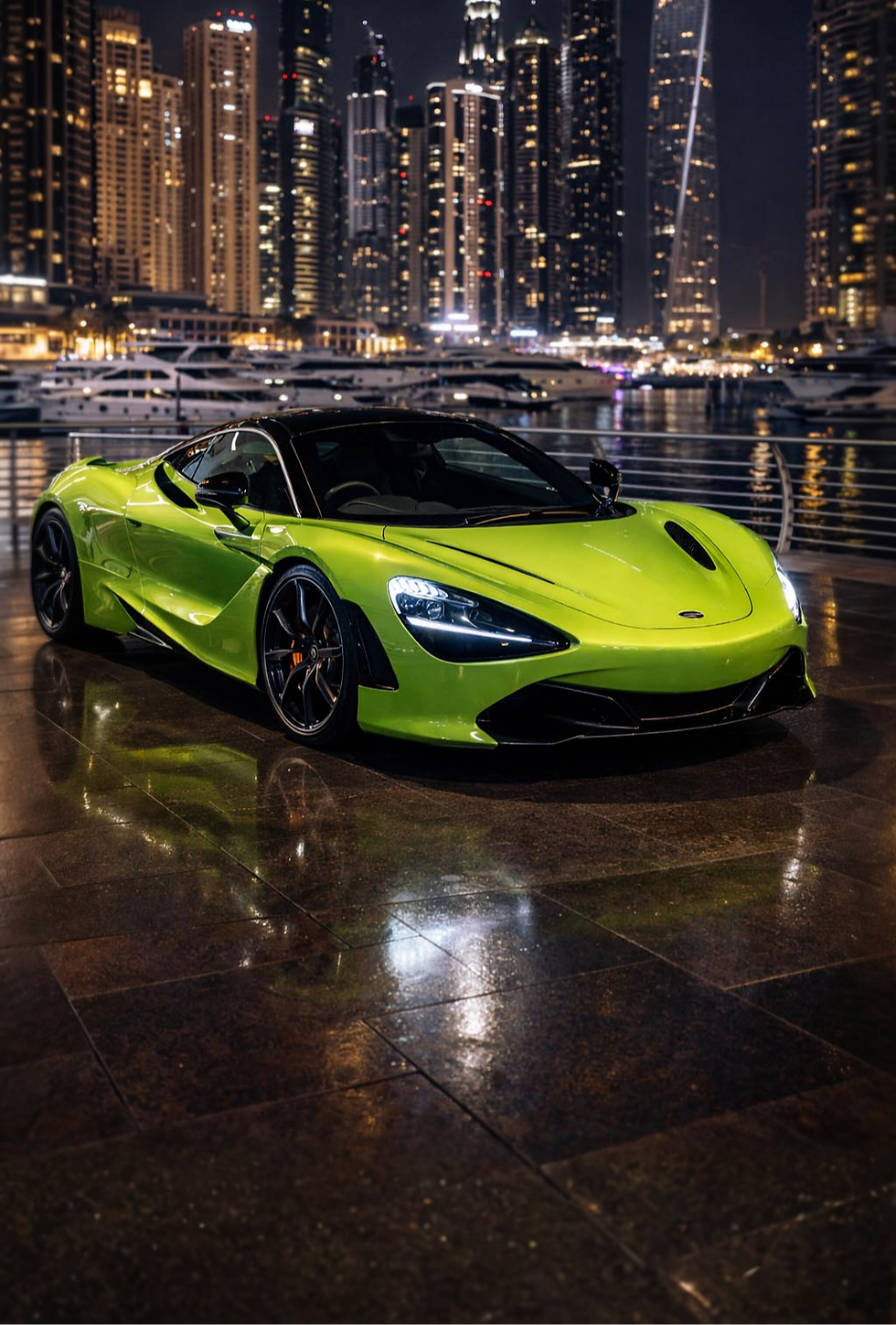 Green McLaren 750S supercar parked by Dubai marina skyline at night with reflections